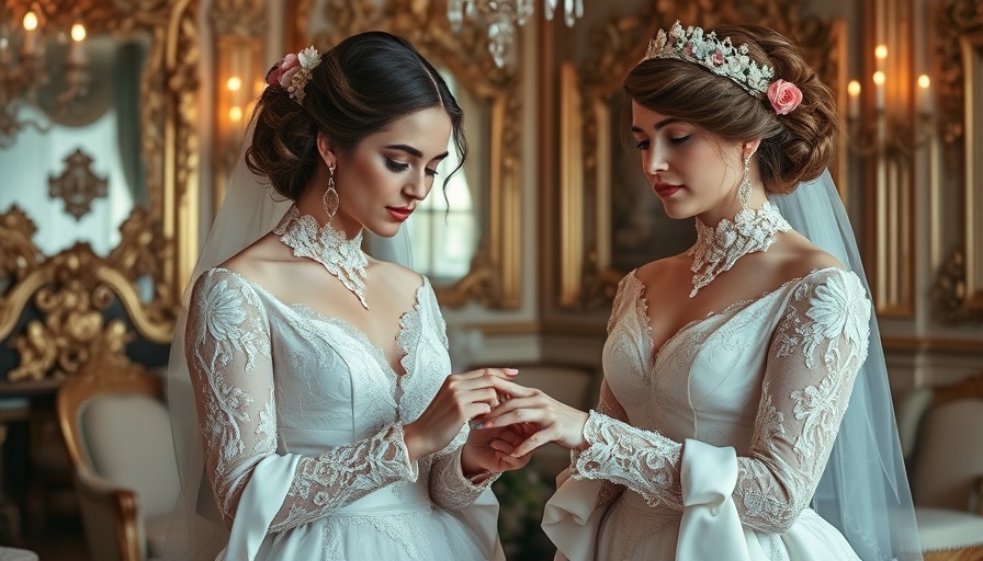Elegant Gilded Age wedding dresses admired in ornate setting.