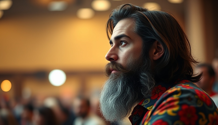 Man in colorful shirt gazing thoughtfully at event, Bluetooth messaging app Bitchat
