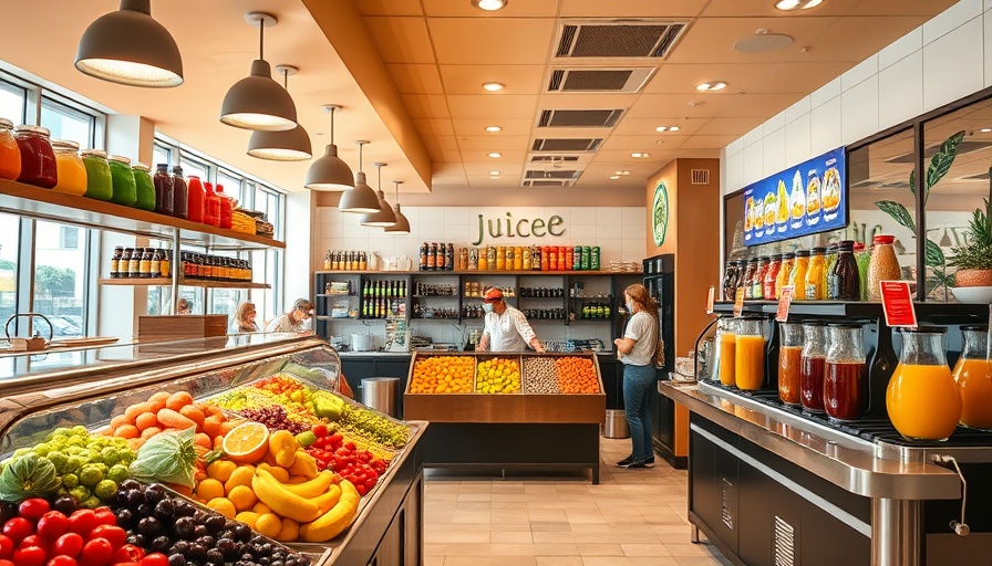 Juice bar interior with colorful fruits, Juiceland Missouri City.