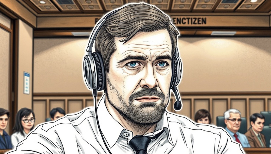 Illustrated portrait in courtroom setting, Kilmar Abrego Garcia immigration case.