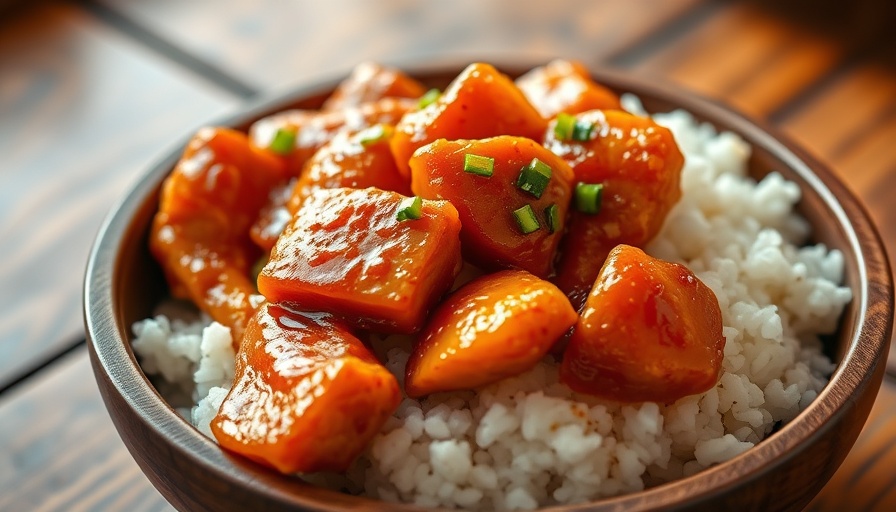 Delicious orange-glazed chicken with rice in a bowl; fast-casual Chinese dining.