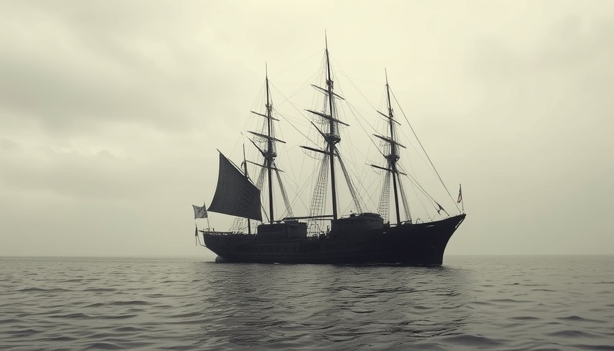 Eerie ghost ship mysteriously drifting at sea under cloudy skies.