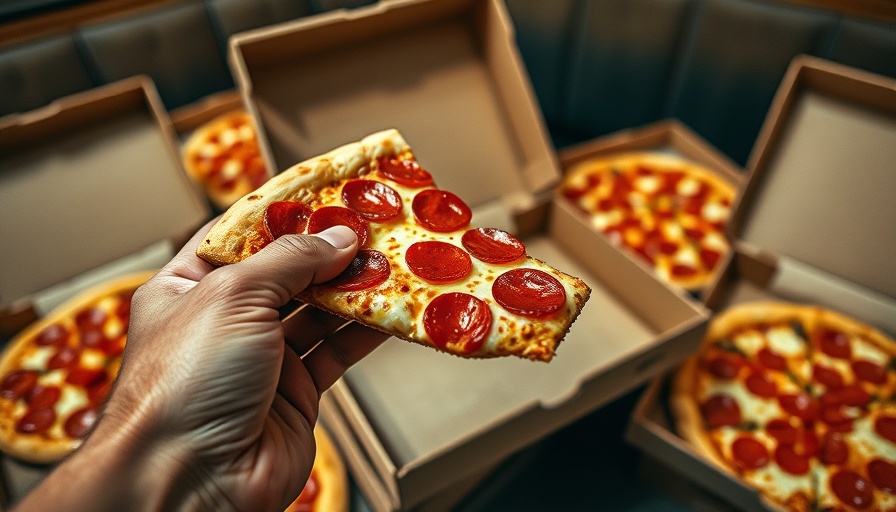 Pepperoni pizza slice in open box with restaurant branding