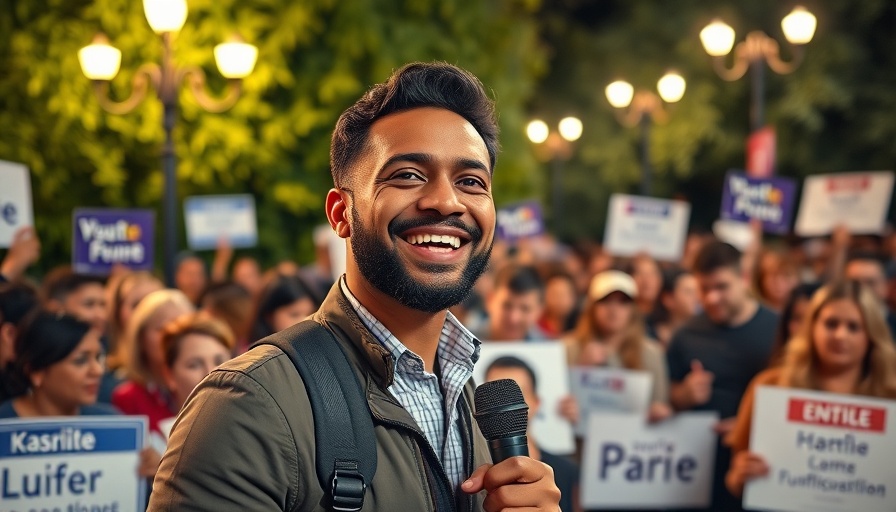 Cheerful TV host at a political event in a lively outdoor setting at night.