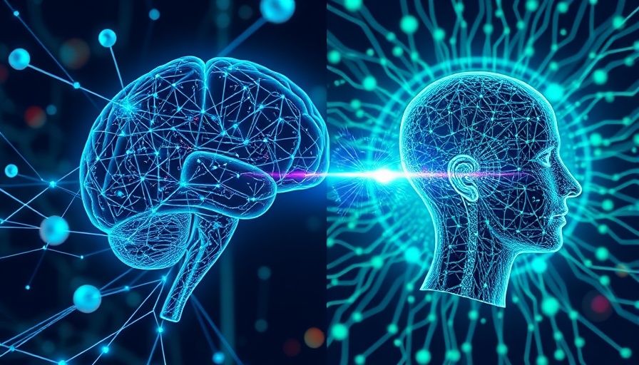 Abstract depiction of differences between human brain and AI, futuristic concept.
