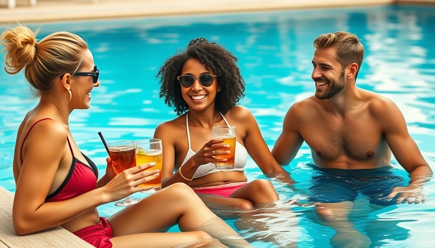 Friends enjoying a Nashville pool scene with drinks and laughter.