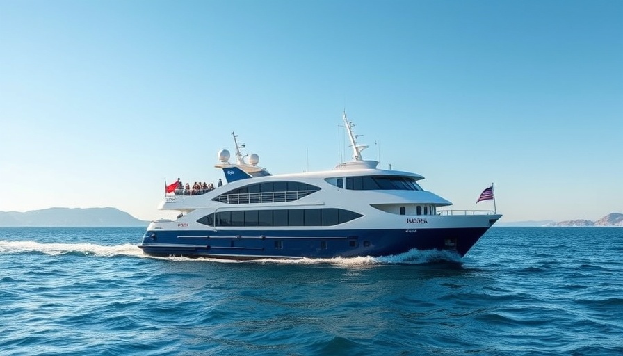 Modern ferry on the Biscayne ferry service under clear blue skies.