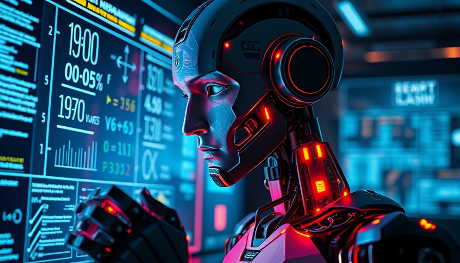 AI technology trends depicted with a robot analyzing complex data on a digital board.