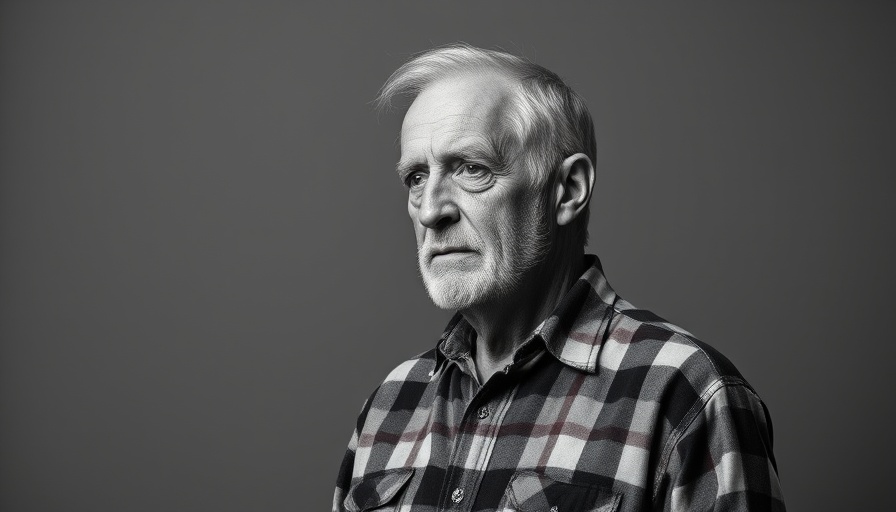 Thoughtful older man in checkered shirt, monochrome portrait.
