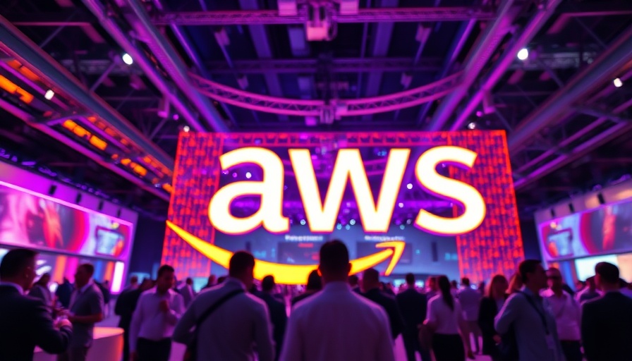 Vibrant conference space showcasing large AWS logo, AI agent marketplace