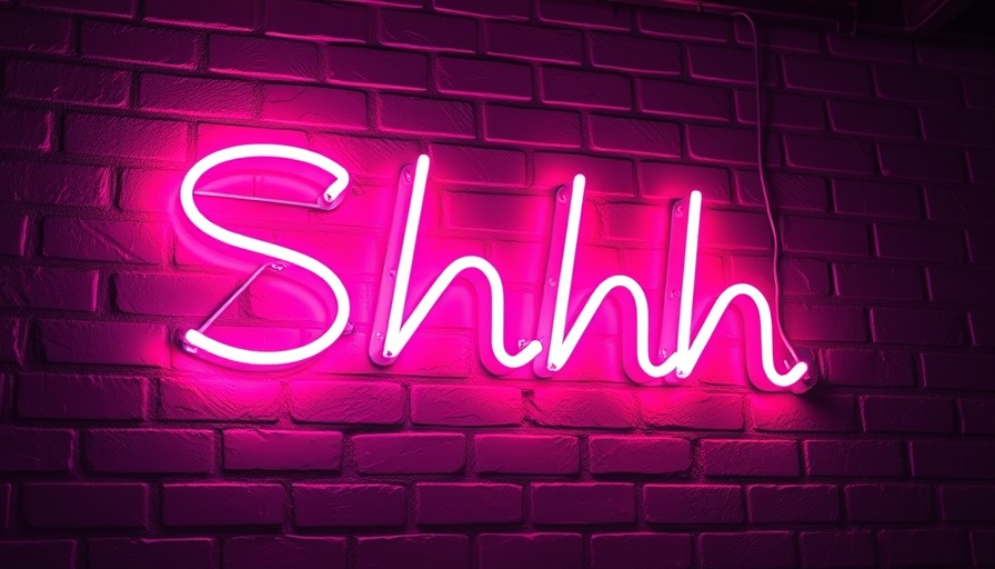 Neon 'Shhh' sign on a purple brick wall, futuristic ambiance.