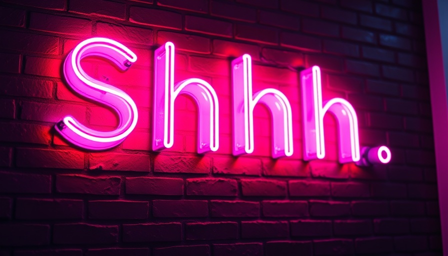 Neon 'Shhh' sign on dark brick wall; vibrant future technology theme.