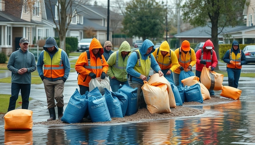 Community response to flooding with people placing sandbags in neighborhood.