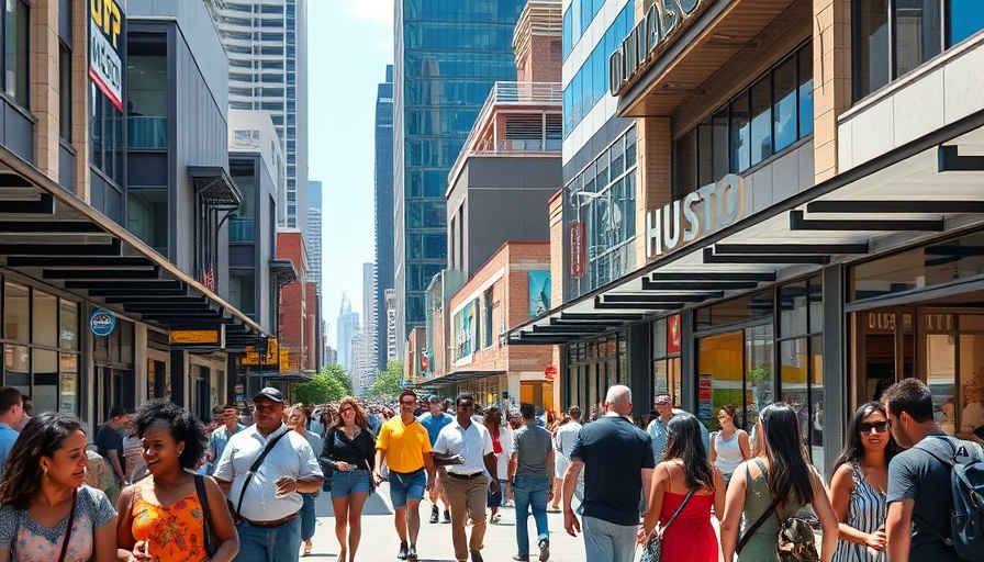 Community Impact Houston: Vibrant urban scene with diverse interaction.