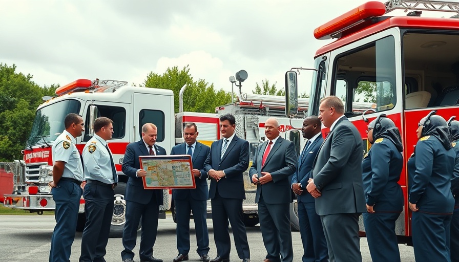 Officials discuss strategies for Houston flood coverage next to fire truck.