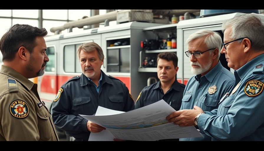 Officials discussing Texas flood response with fire department.