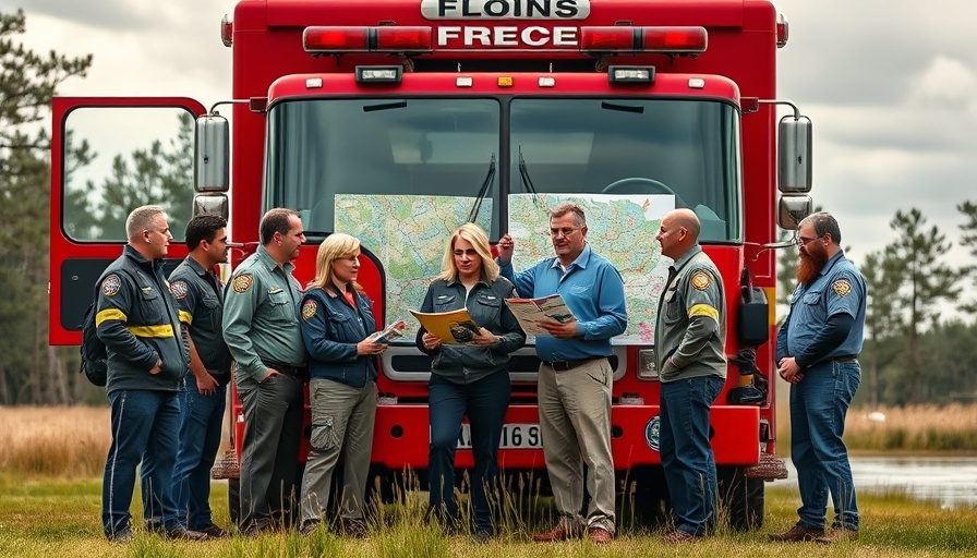 Officials reviewing flood maps in front of fire truck in Houston.