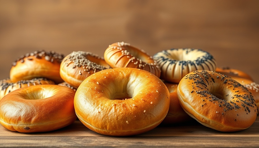 Assorted bagels made with fast-rising yeast on wooden surface.