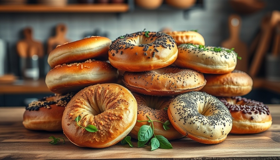 Assorted bagels with different toppings on wooden surface.