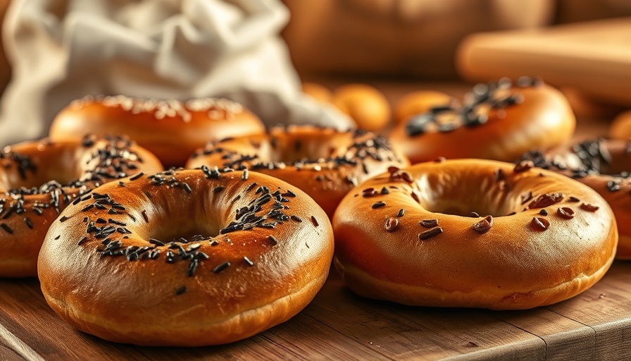 Freshly baked bagels on a wooden surface with warm lighting.