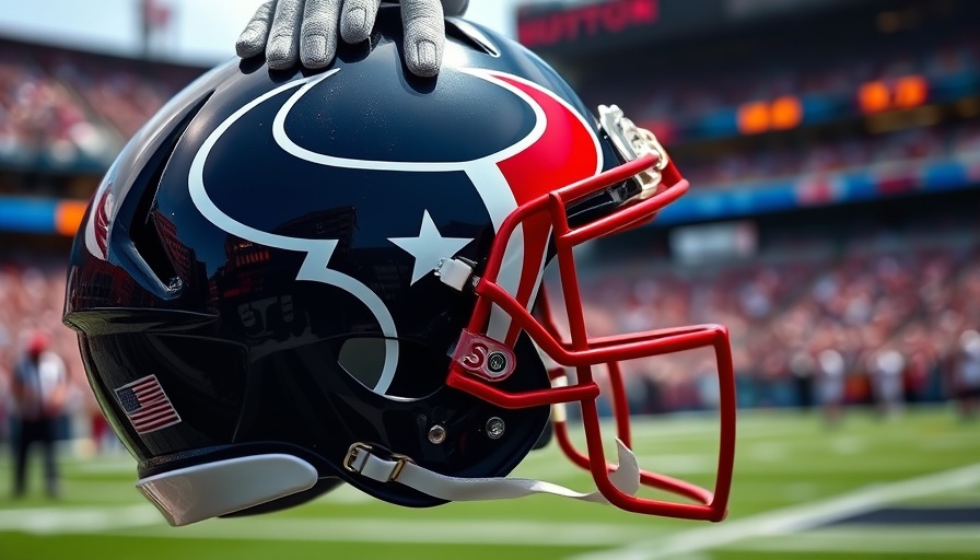 Houston Texans helmet held by player, NFL game scene.