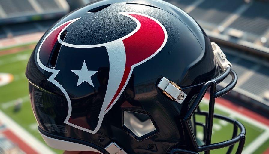 Close-up of a Houston Texans helmet held by player, green field background.