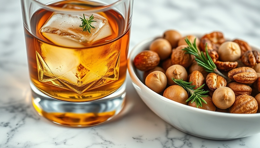 Bourbon and nuts pairing on marble surface.