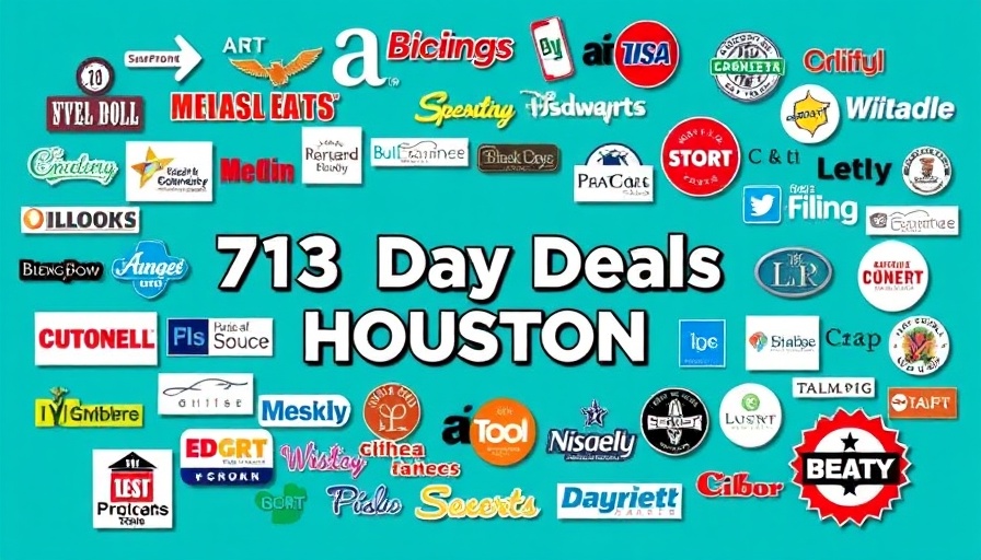713 Day Houston Deals collage with local business logos on teal background.