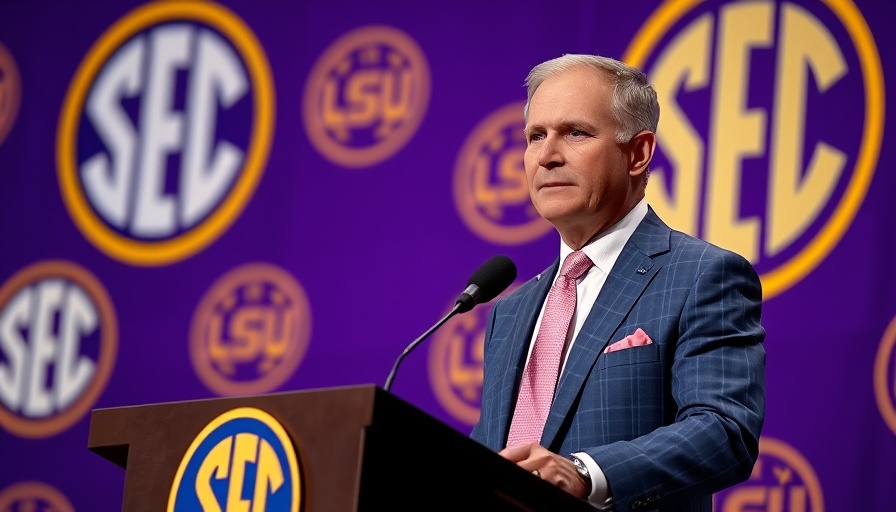 Speaker at SEC Media Days 2025 podium with LSU backdrop.