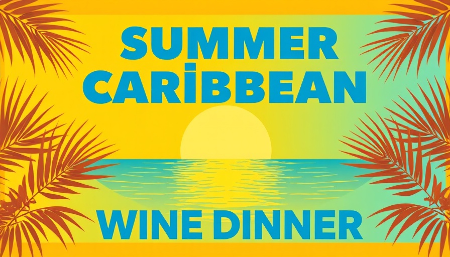 Caribbean Wine Dinner poster with sunset and palm leaves.
