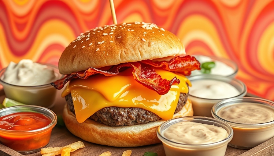Juicy burger with cheese and bacon surrounded by sauce combinations.