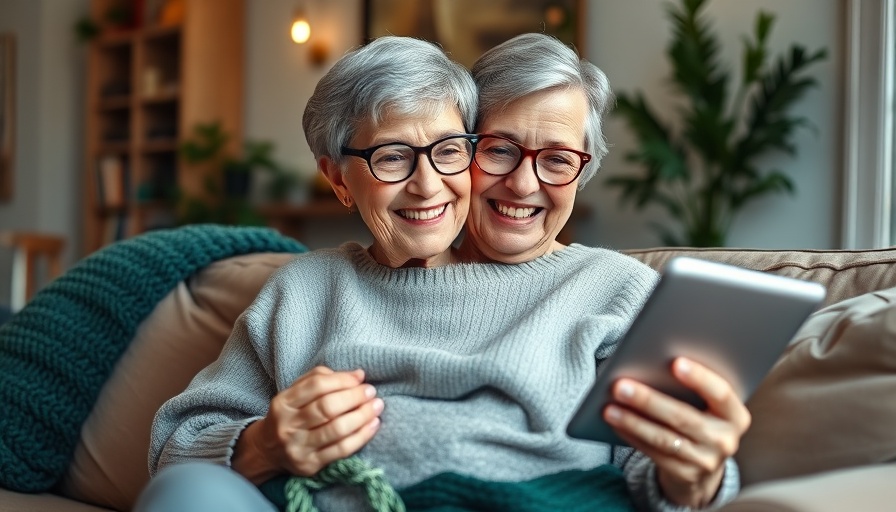 Elderly woman engaging with health technology on tablet, smiling warmly.