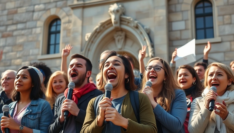 Activists protesting for justice in front of a building while speaking into microphones.