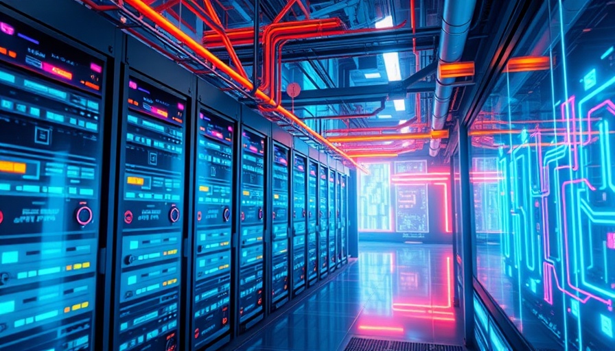 Futuristic data center construction with neon holographic elements.
