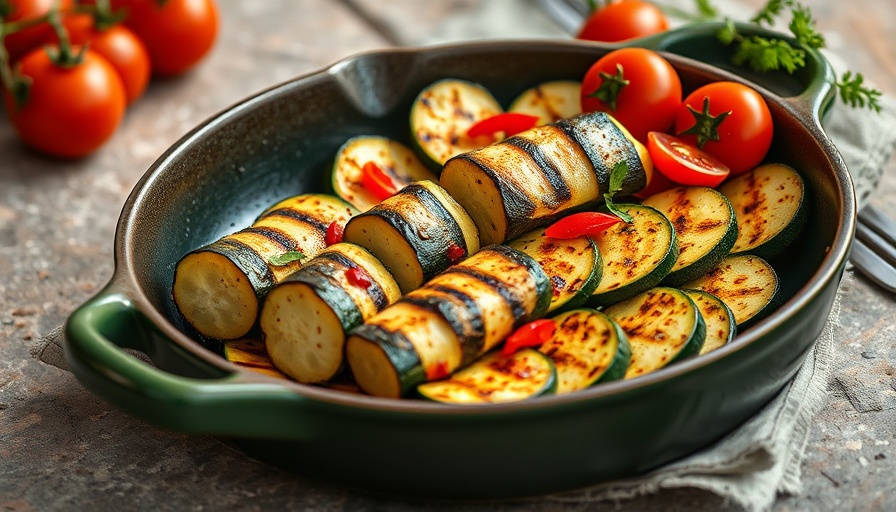 Grilled zucchini slices in a ceramic pan with seasoning.