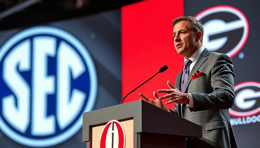 Speaker at SEC Media Days 2025 at a podium with SEC and Georgia logos.