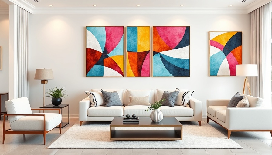 Digital Artist Martin Fine: Modern abstract paintings in minimalist living room.