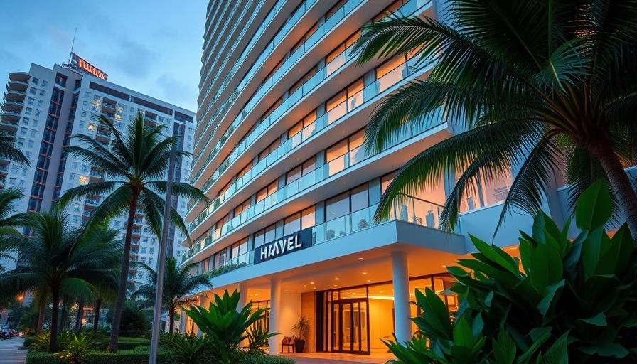 Modern Miami hotel exterior surrounded by lush greenery.