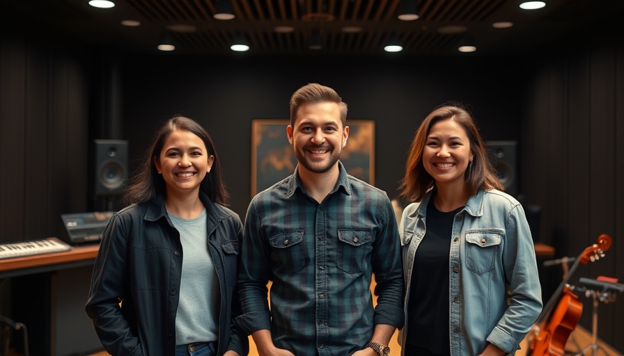 Three people in Skaggs Place Studio smiling
