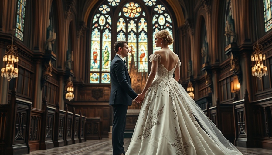 Gilded Age style bride and groom in opulent church setting.