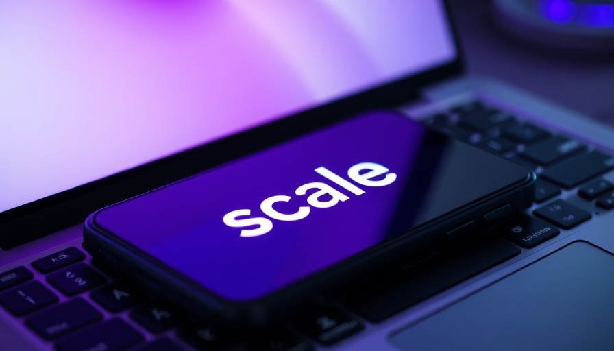 Scale AI logo glowing on a smartphone on a laptop, purple hue.