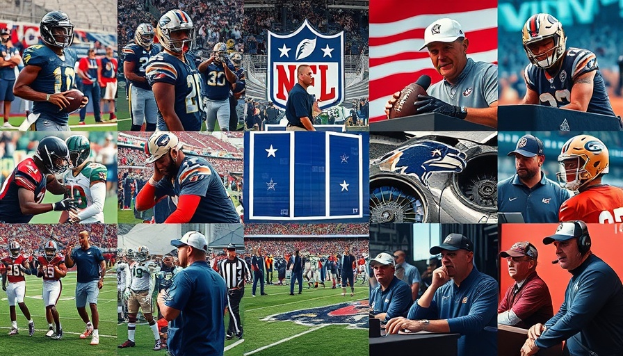 Collage of NFL players and coaches at training camps, 2025 NFL season.