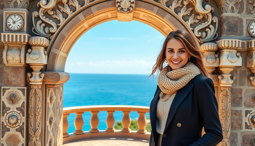 Fashionable woman wearing Anatomie travel clothes by beach
