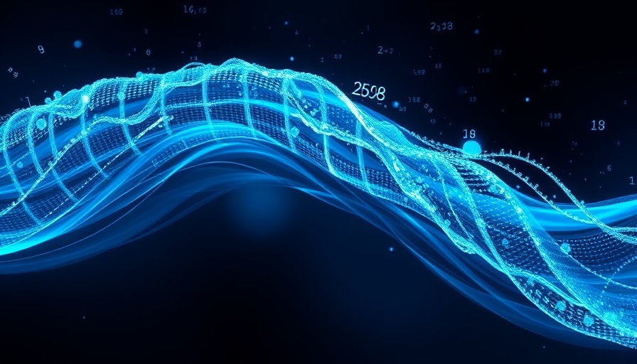 Abstract digital wave with AI advancements symbols on dark background