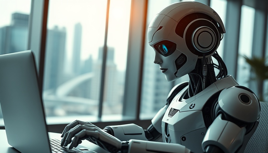 Futuristic robotic assistant using a laptop in modern office.