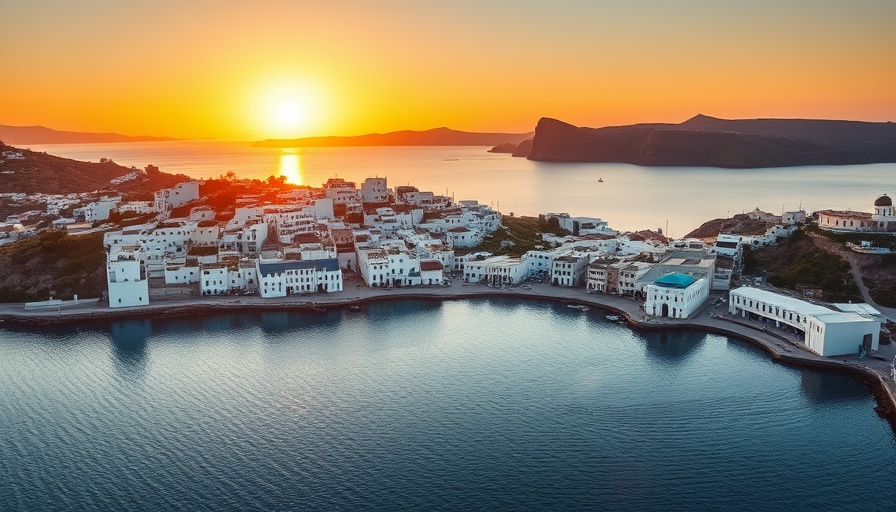 Sunset view of serene Greek coastal town, best honeymoon locations in Greece.