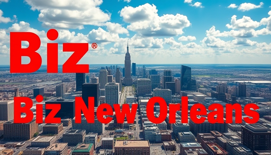 Aerial view of New Orleans skyline with Biz New Orleans logo.