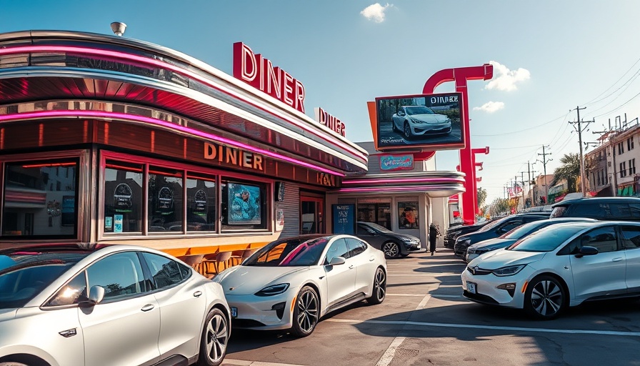 Sleek retro-futuristic diner with electric cars parked outside.