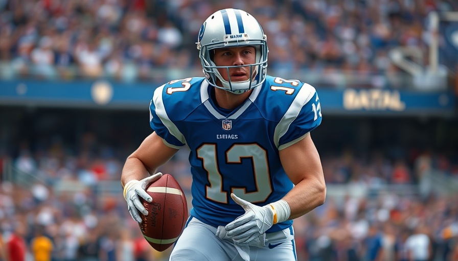 Focused football player in blue and white uniform holding football.