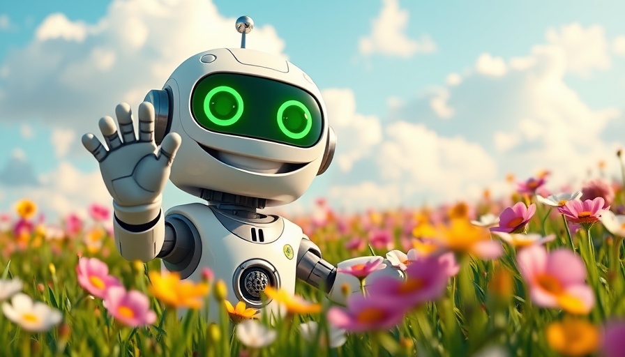 Cartoon robot waving in a colorful meadow under blue sky.